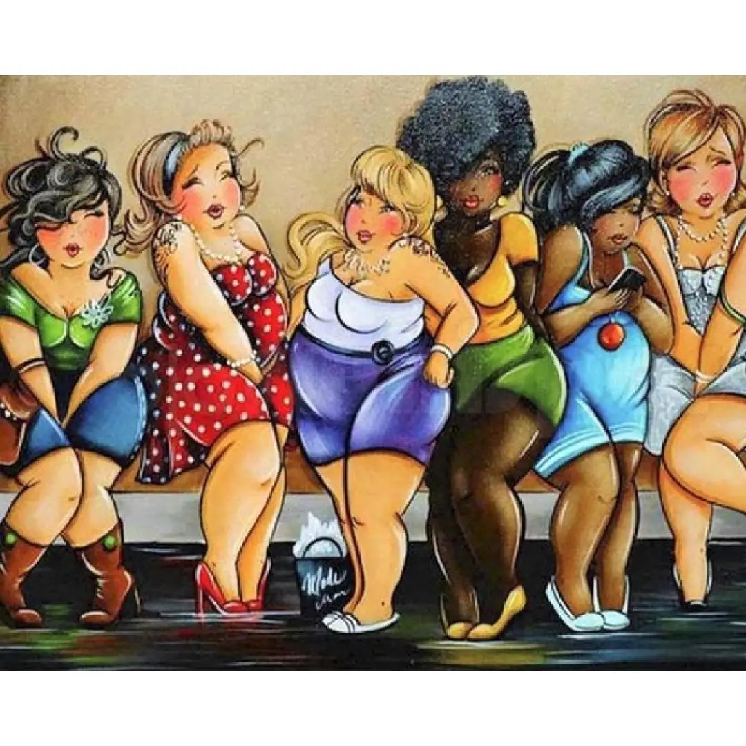 Kleurrijke diamond painting van zes volle dames in vrolijke kleding, wachtend in een rij, met speelse en expressieve gezichten.