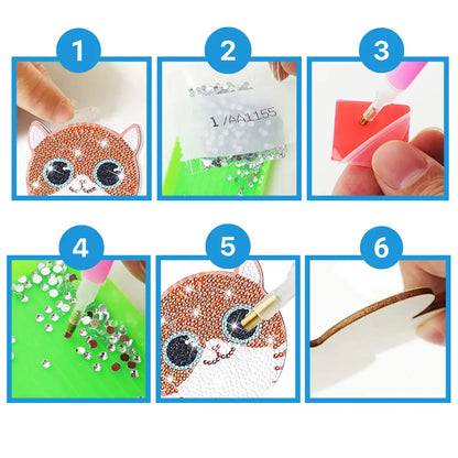 Stapsgewijze instructies voor het maken van een kattenvormige diamond painting onderzetters met glinsterende steentjes.