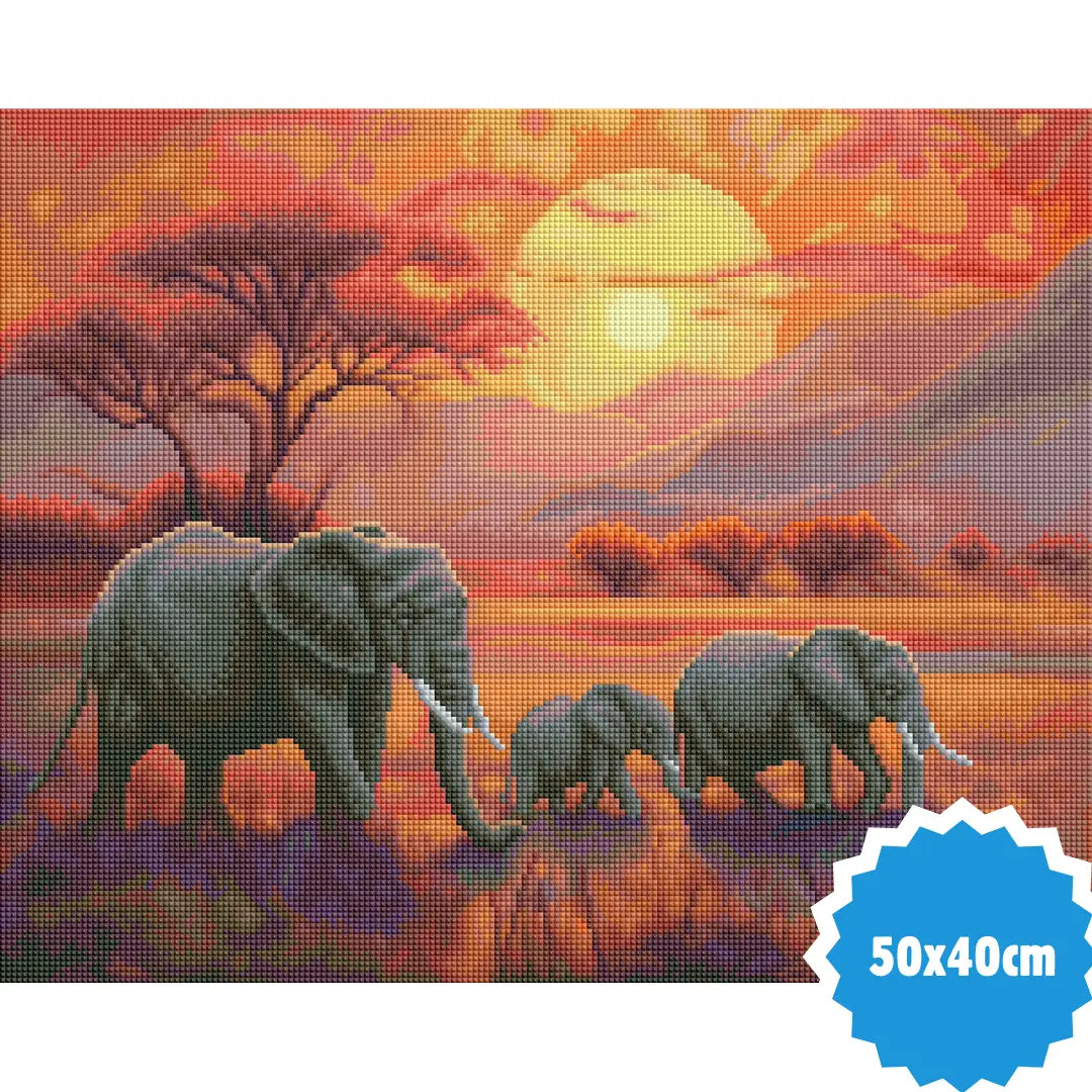 Diamond painting van drie olifanten in een warme savanne bij zonsondergang, met een gedetailleerde lucht en kleurrijke bomen, afmeting 50x40 cm.
