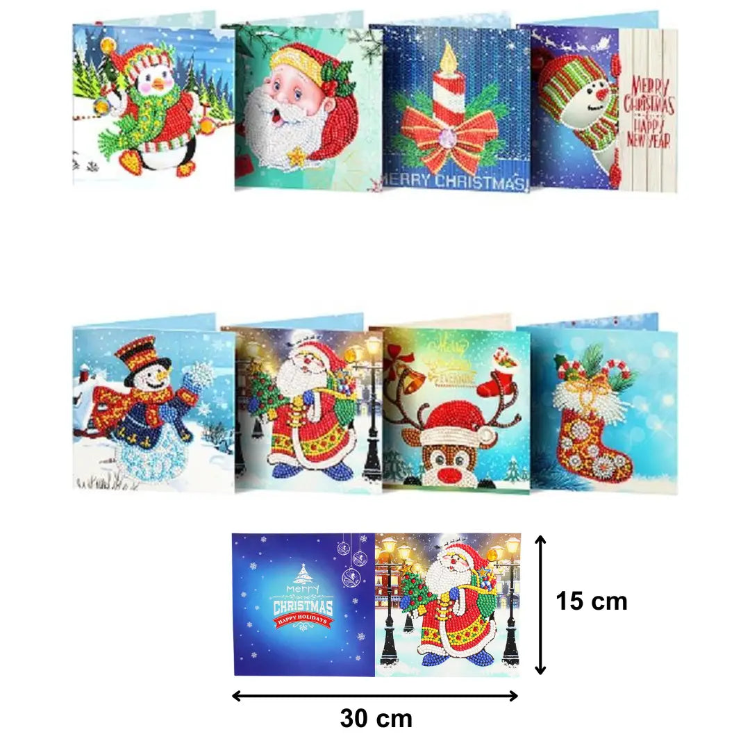Diamond Painting Karten - Weihnachtskarten (1) - 15x15cm - 8-teilig - Runde Steinchen - Mit Umschlägen