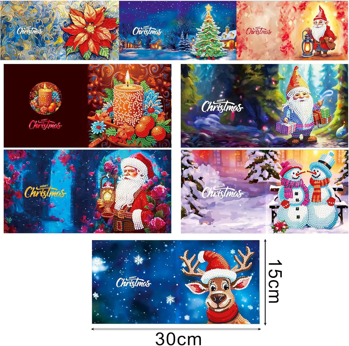 Diamond Painting Karten - Weihnachtskarten (3) - 15x15cm - 8-teilig - Runde Steinchen - Mit Umschlägen